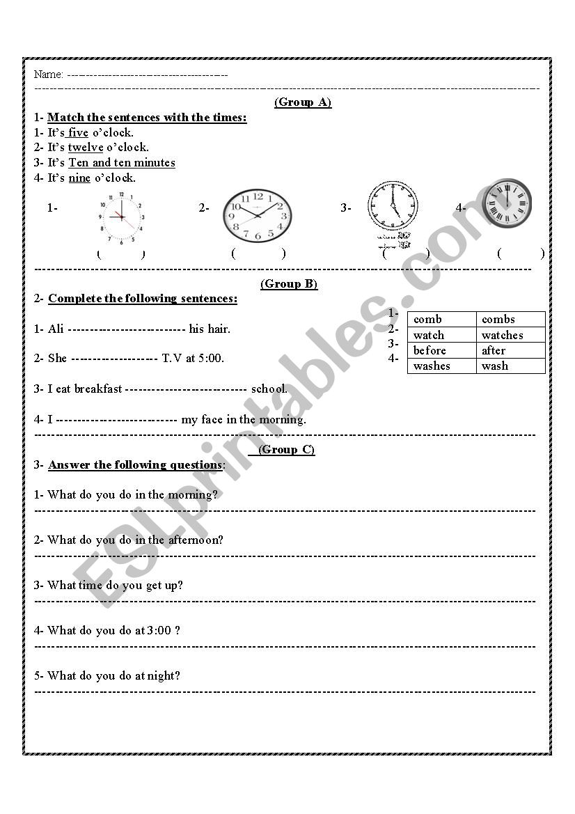 daily activities worksheet