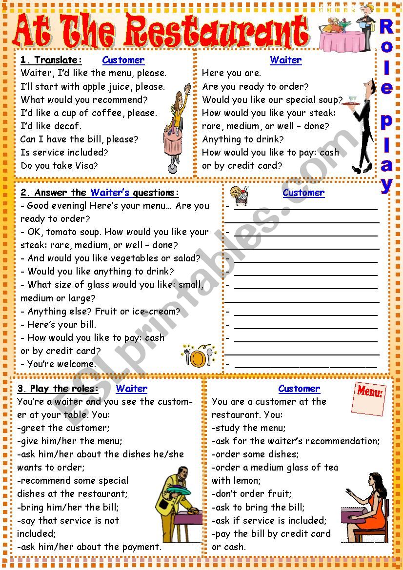 At the restaurant (role-play) worksheet