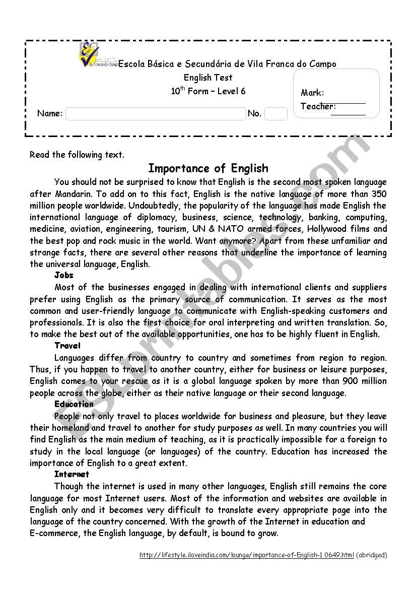  The importance of English worksheet