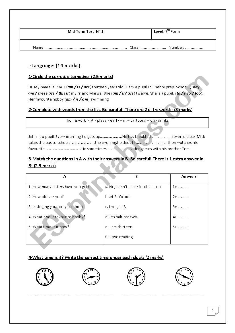 mid term test 1  worksheet