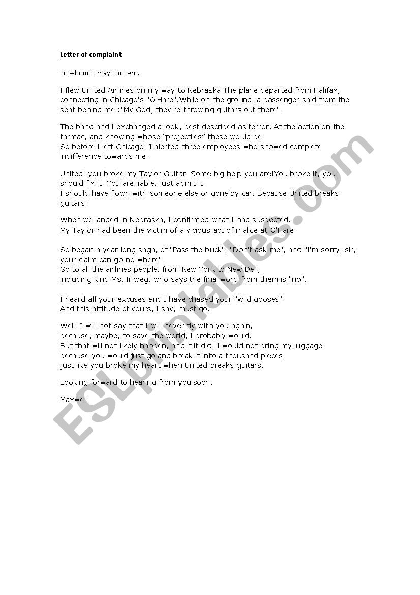 united brakes guitar letter of complaint