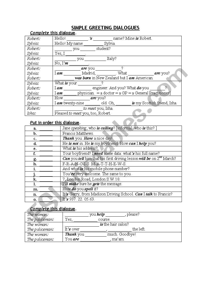 Simple Introduction Dialogues worksheet