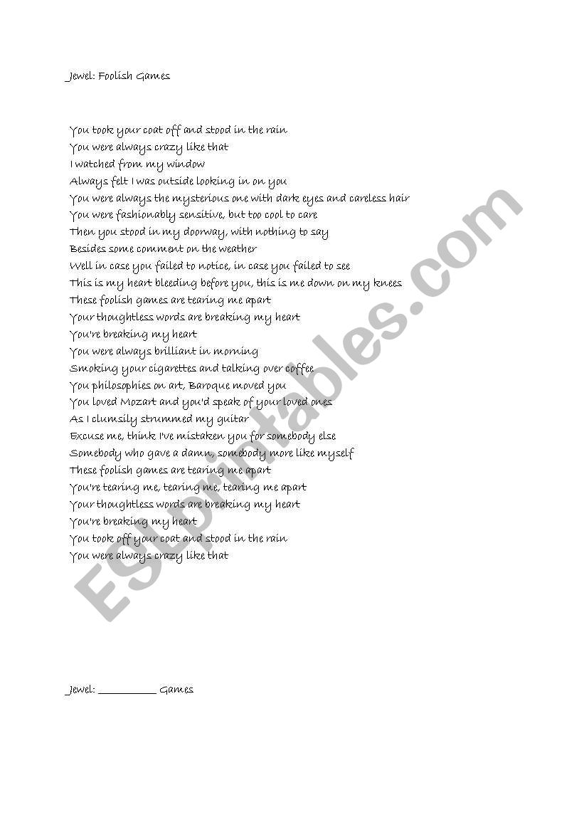 Song: Foolish Games (Jewel) worksheet