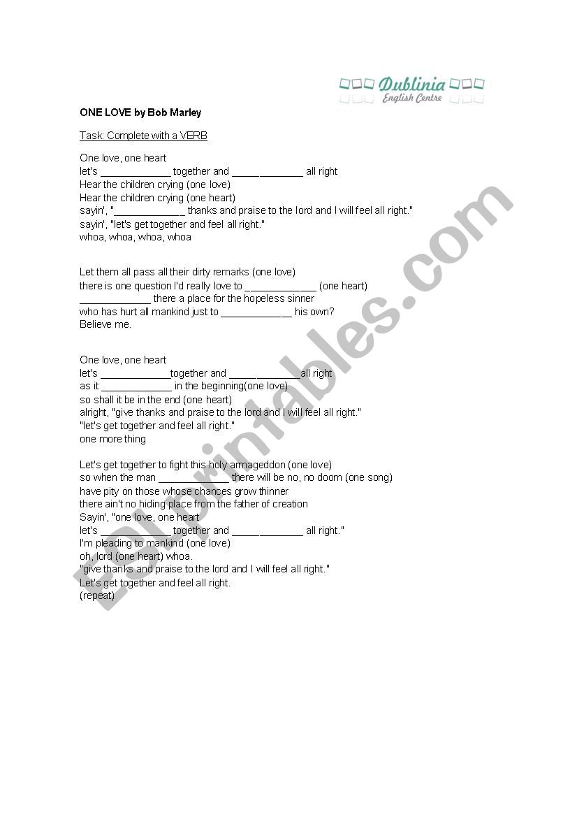 One Love by Bob Marley worksheet