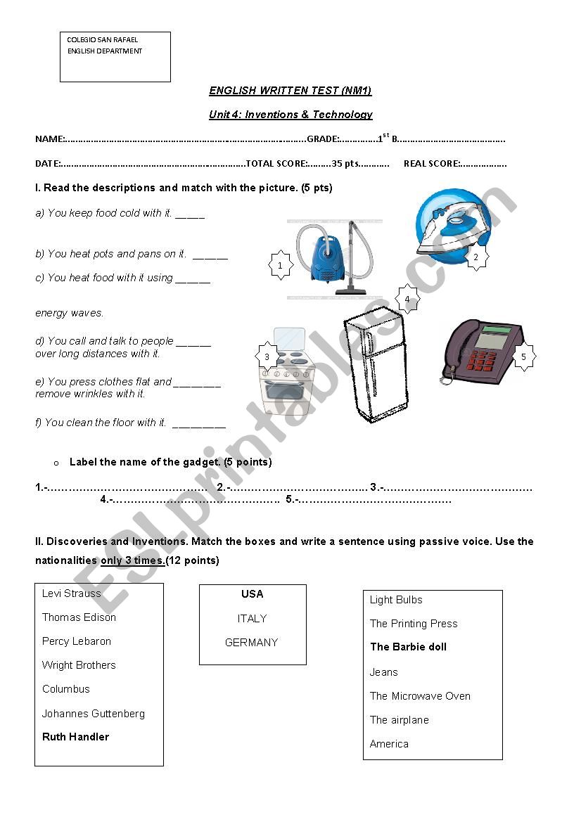 Inventions & Inventors test worksheet