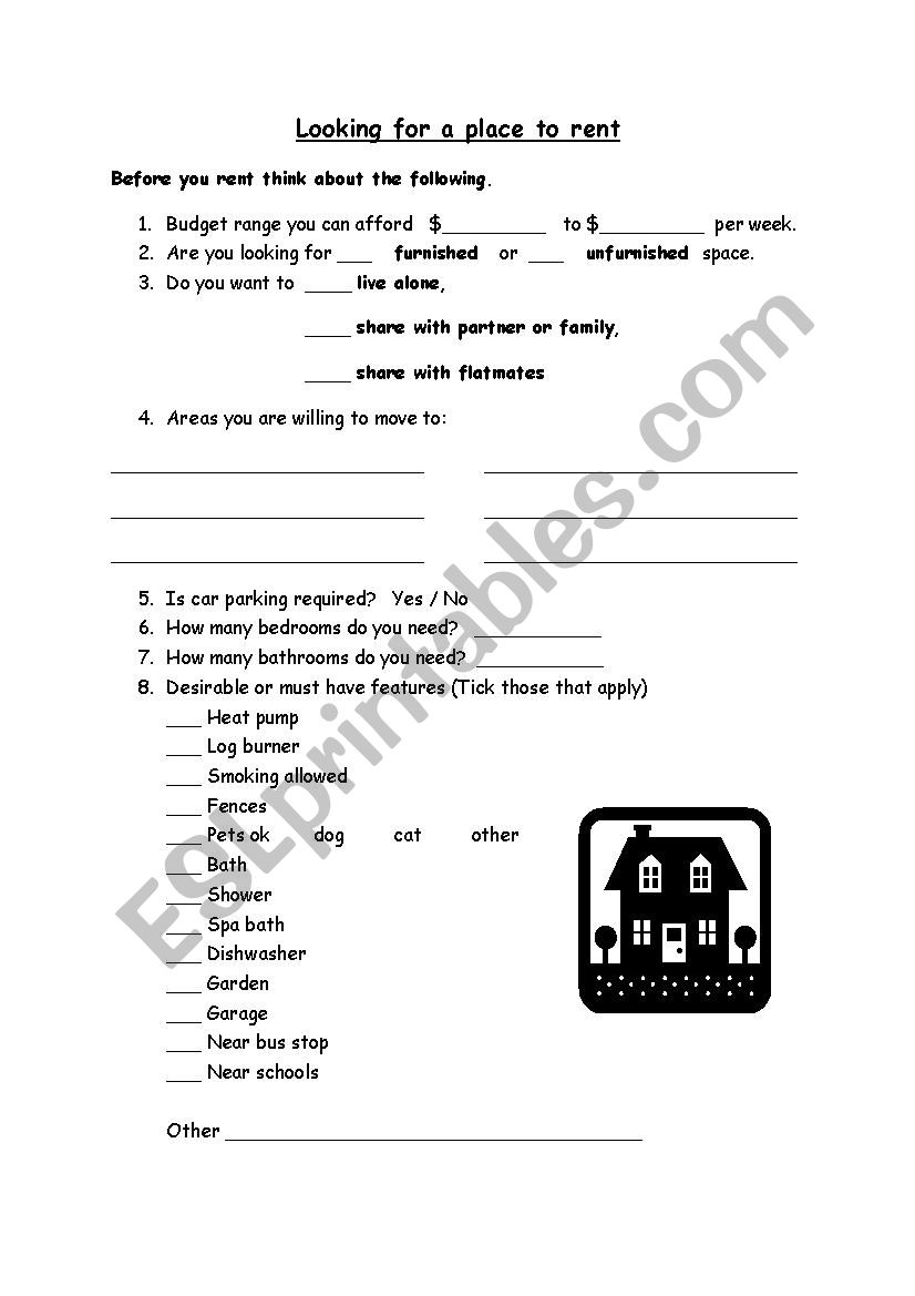 Looking for a place to rent worksheet