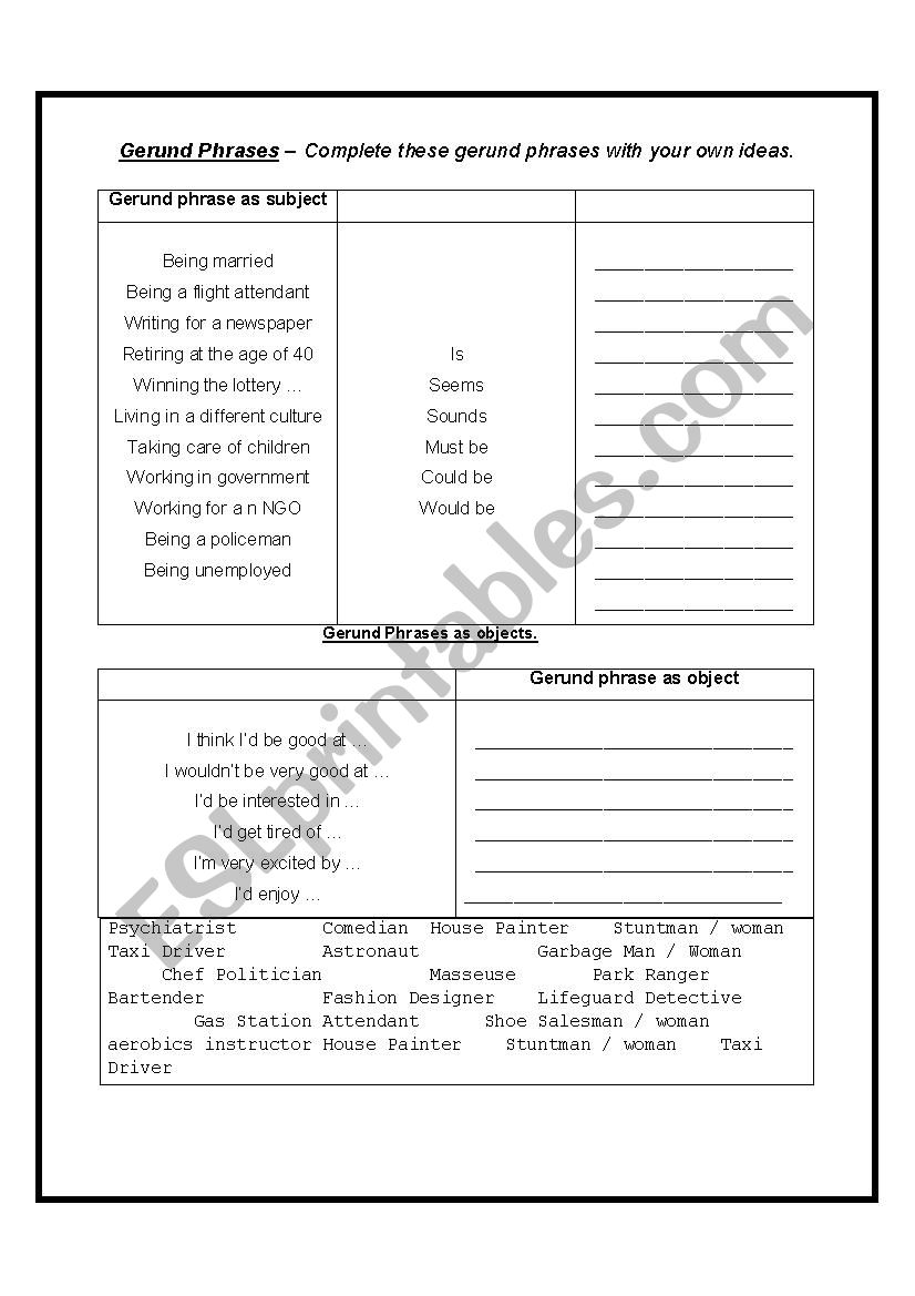 Gerund phrases practise worksheet