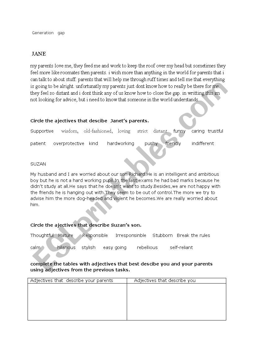 GENERATION GAP worksheet