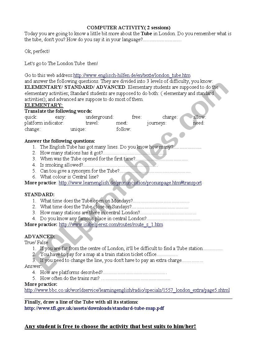 The London Tube worksheet
