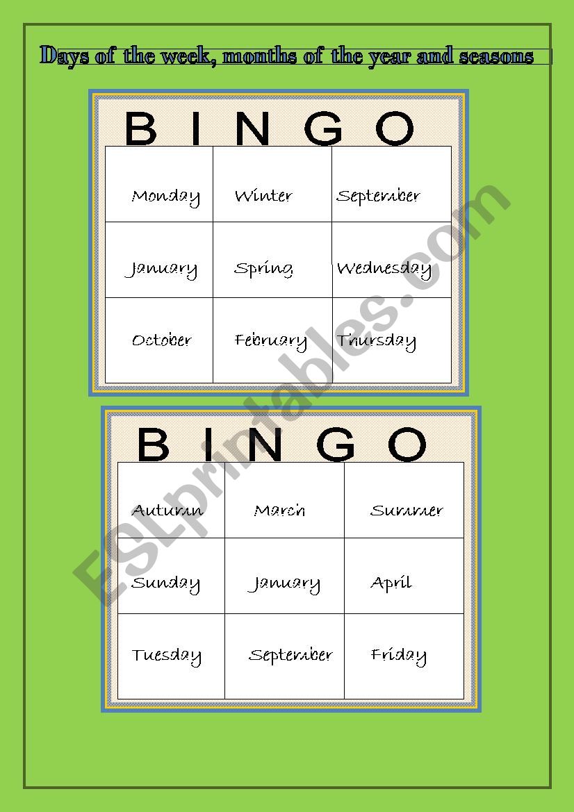 Bingo game: Days of the week; months of the year and seasons