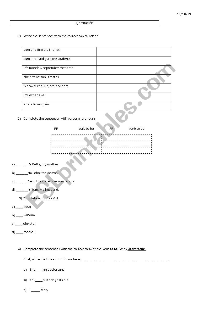 Review personal pronouns, verb to be, capital letters