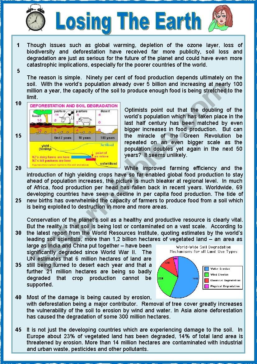 Losing The Earth. Soil degradation. Reading + varied compreh ex + KEY.