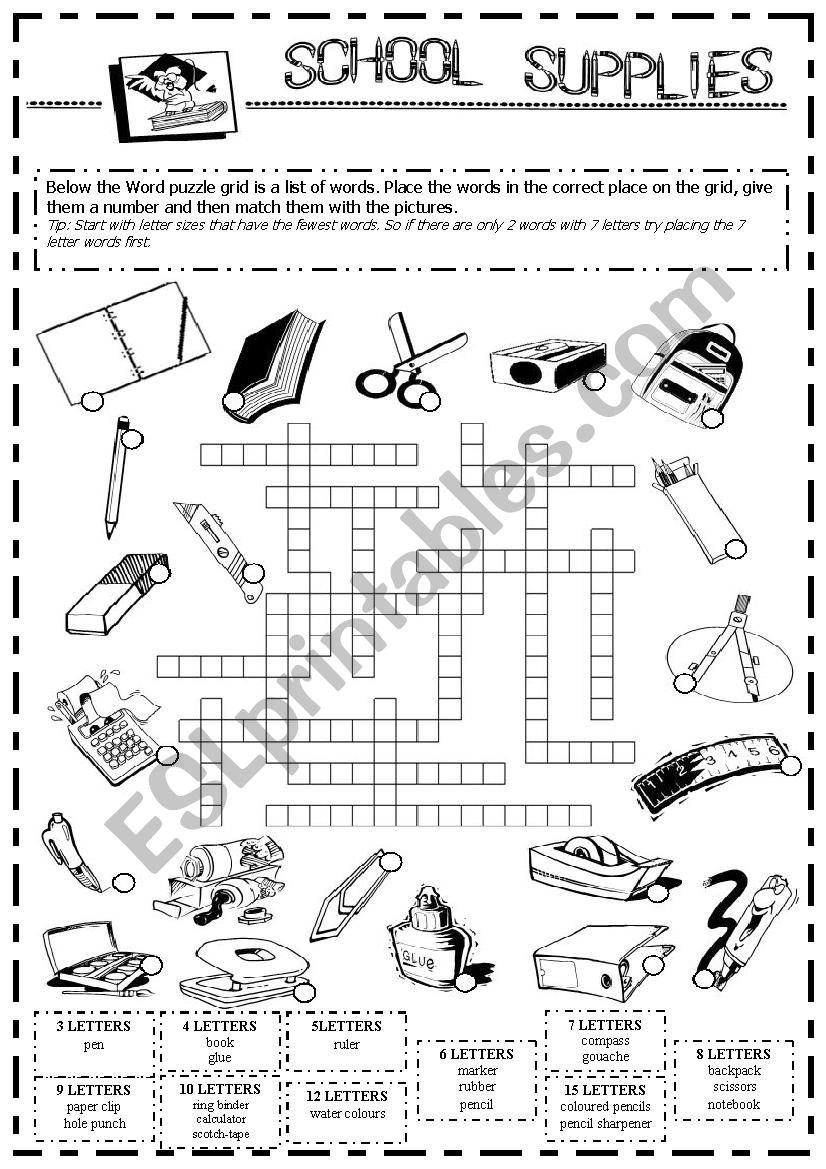 School supllies framework worksheet