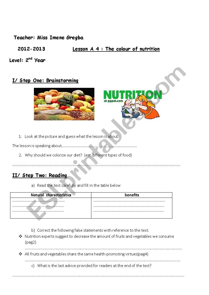 the color of nutrition worksheet