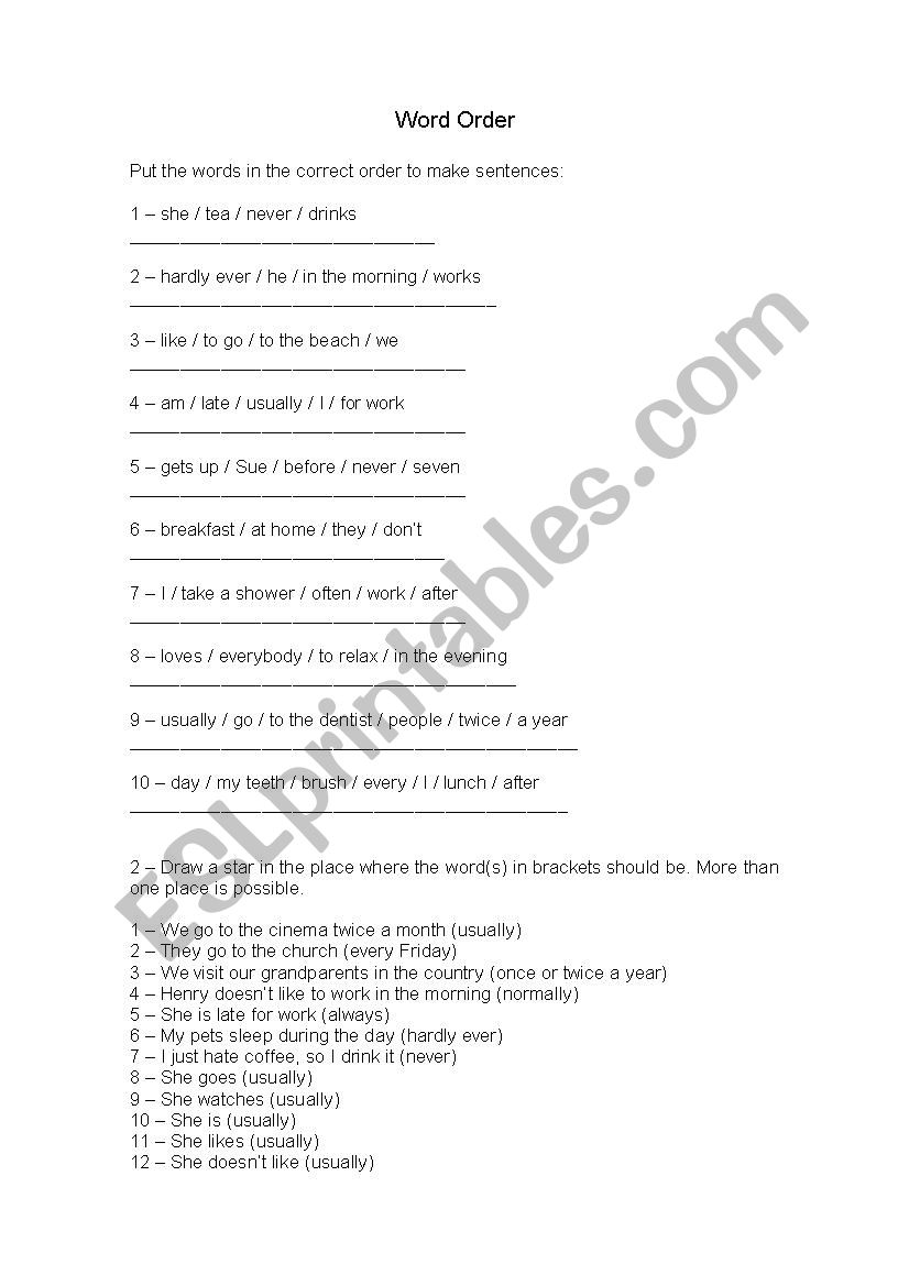 Word Order - Present Simple worksheet
