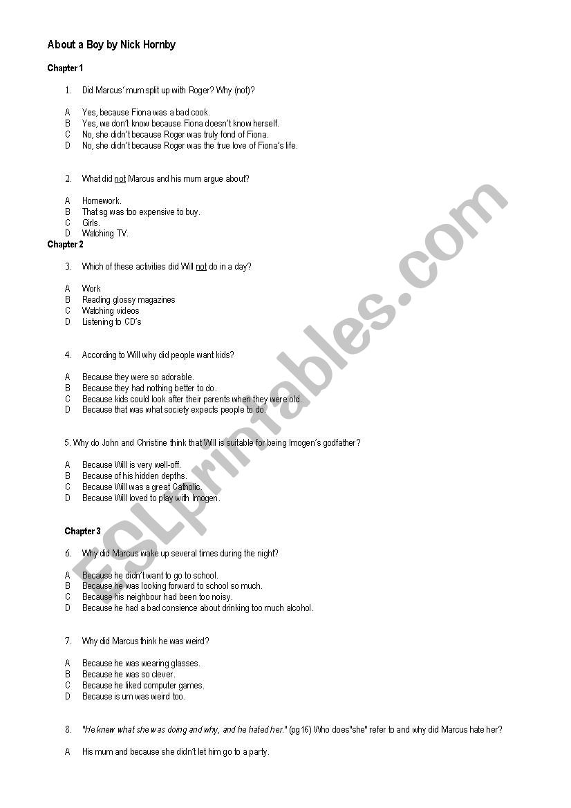 About a boy Quiz worksheet