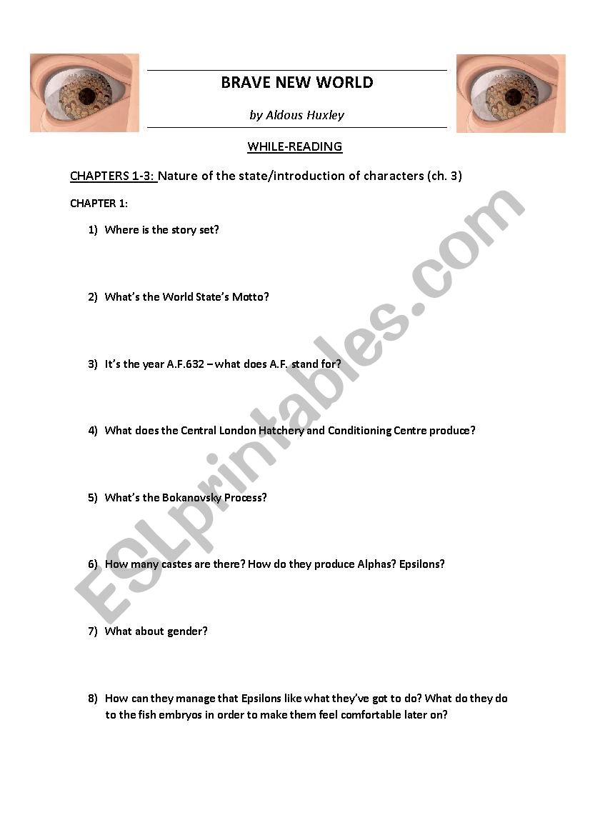 BRAVE NEW WORLD by Huxley - Worksheets chapters 1-6 + KEY NOTES