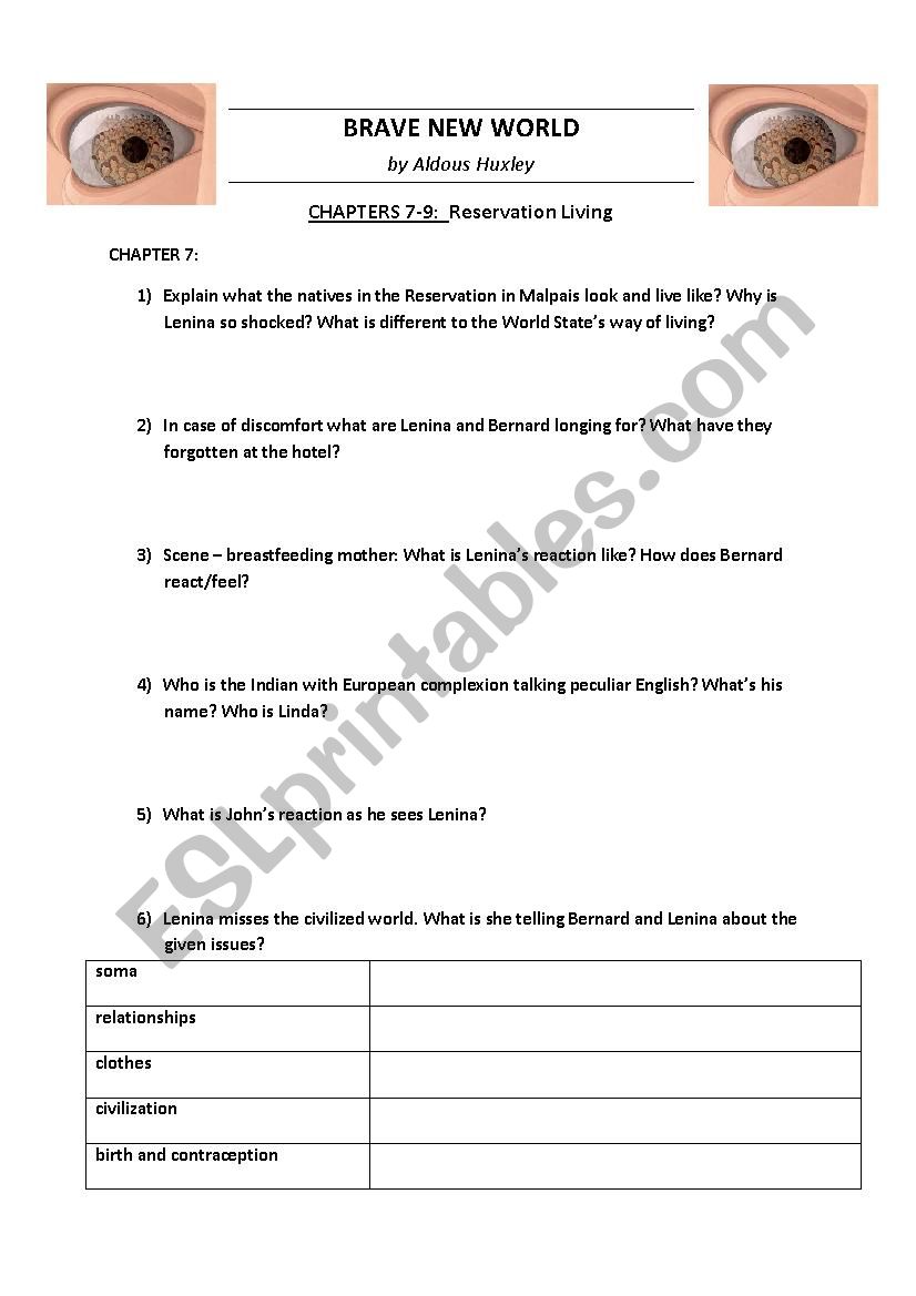 BRAVE NEW WORLD by Huxley - Worksheets chapters 7-11 + KEY NOTES