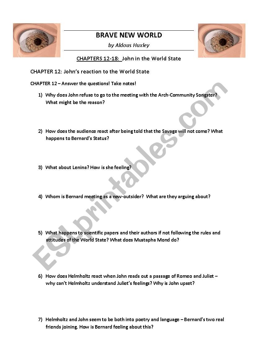 BRAVE NEW WORLD by Huxley - Worksheets chapters 12-18 + KEY NOTES