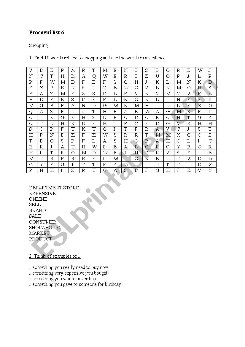 Shopping worksheet