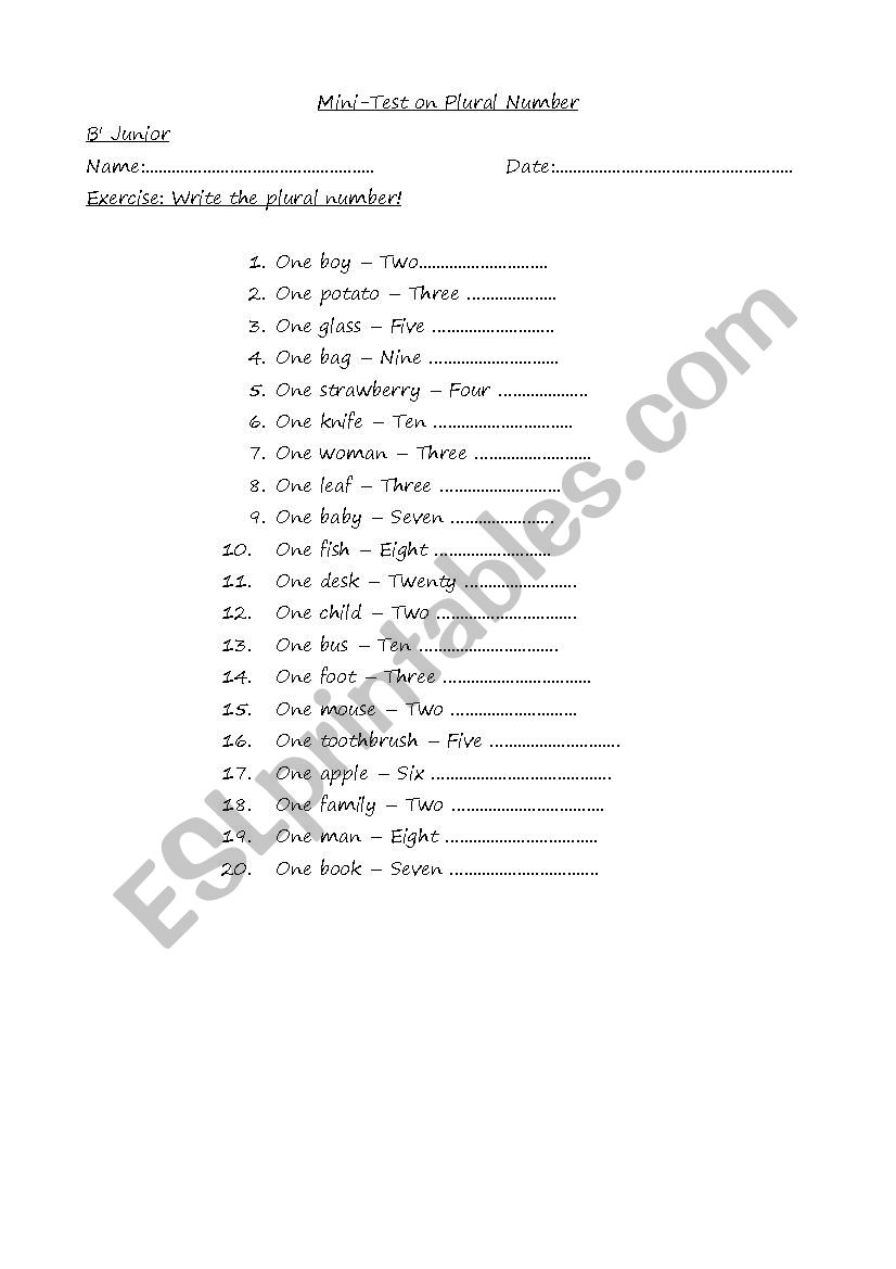 Mini Test on Plural Number - Junior Classes