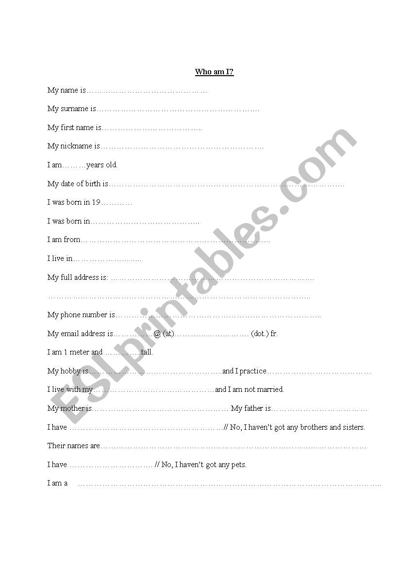 Who am I? worksheet