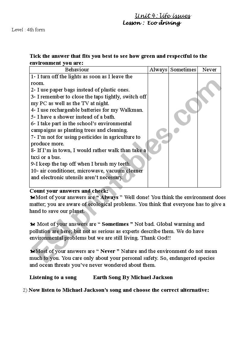 ecodriving worksheet