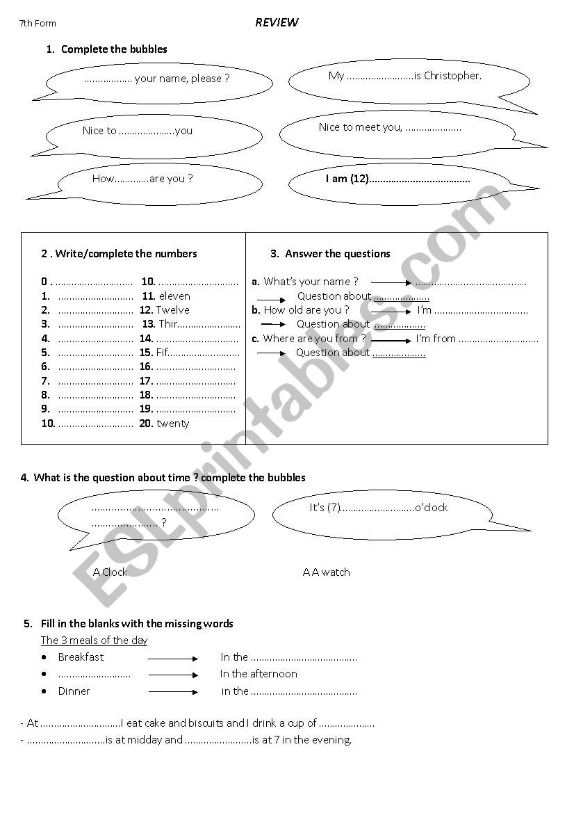 7th Form Review worksheet