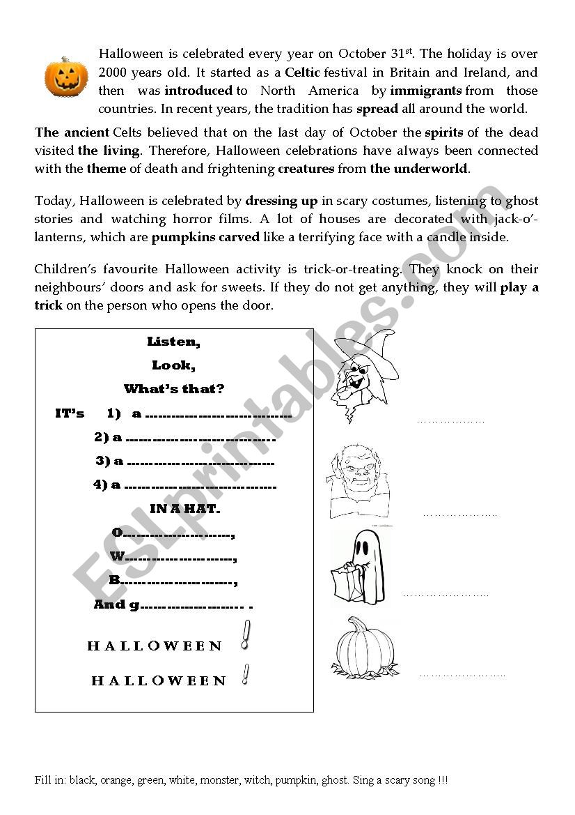 Halloween reading and song worksheet