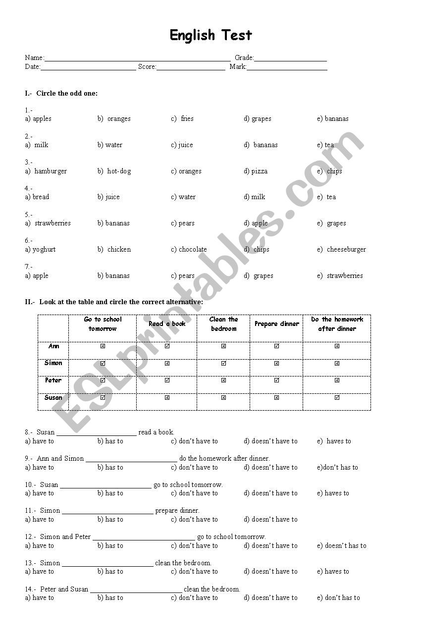 Multiple choice test worksheet