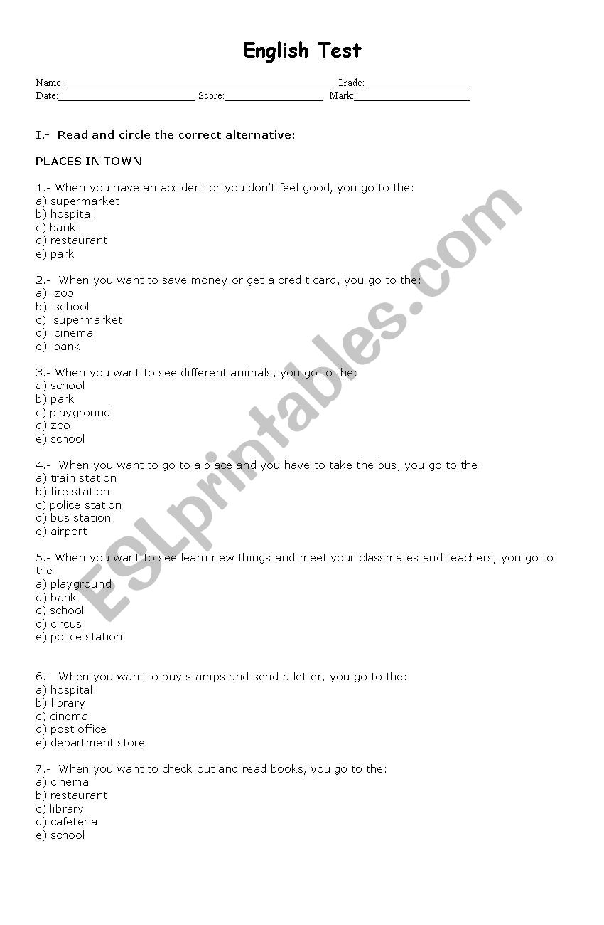 Multiple choice test 6th grade - ESL worksheet by leslie