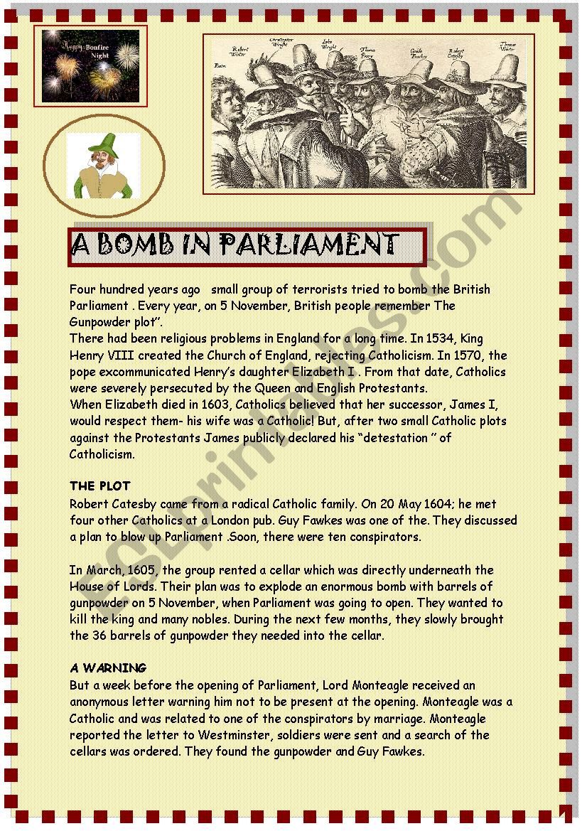 A bomb in Parliament  worksheet