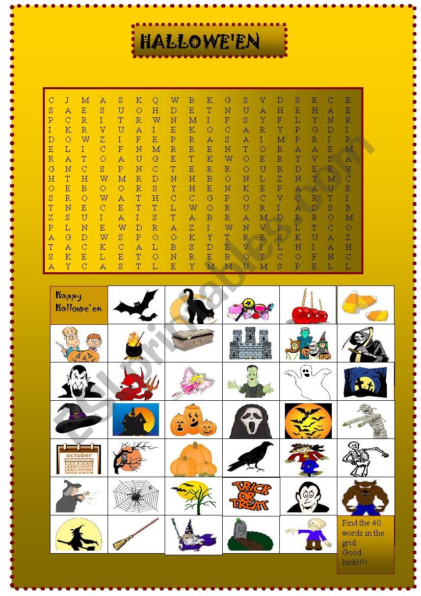 Halloween picture wordsearch worksheet