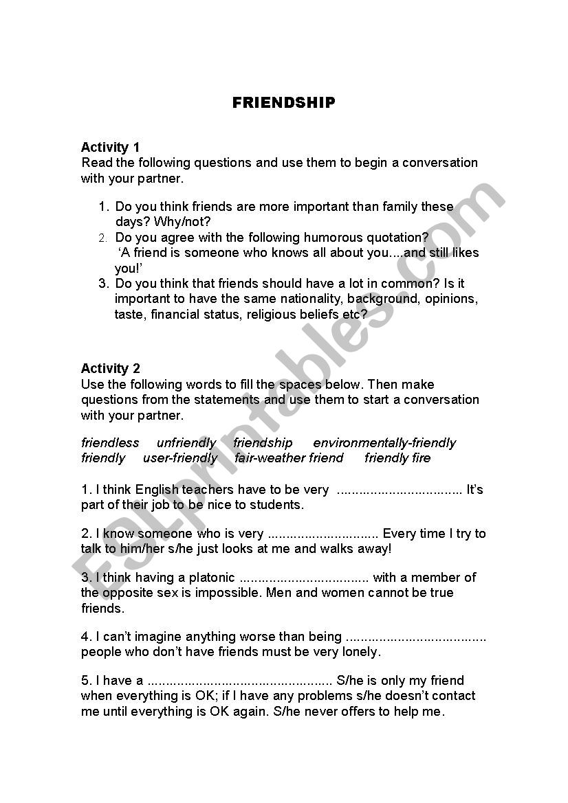 FRIENDSHIP worksheet