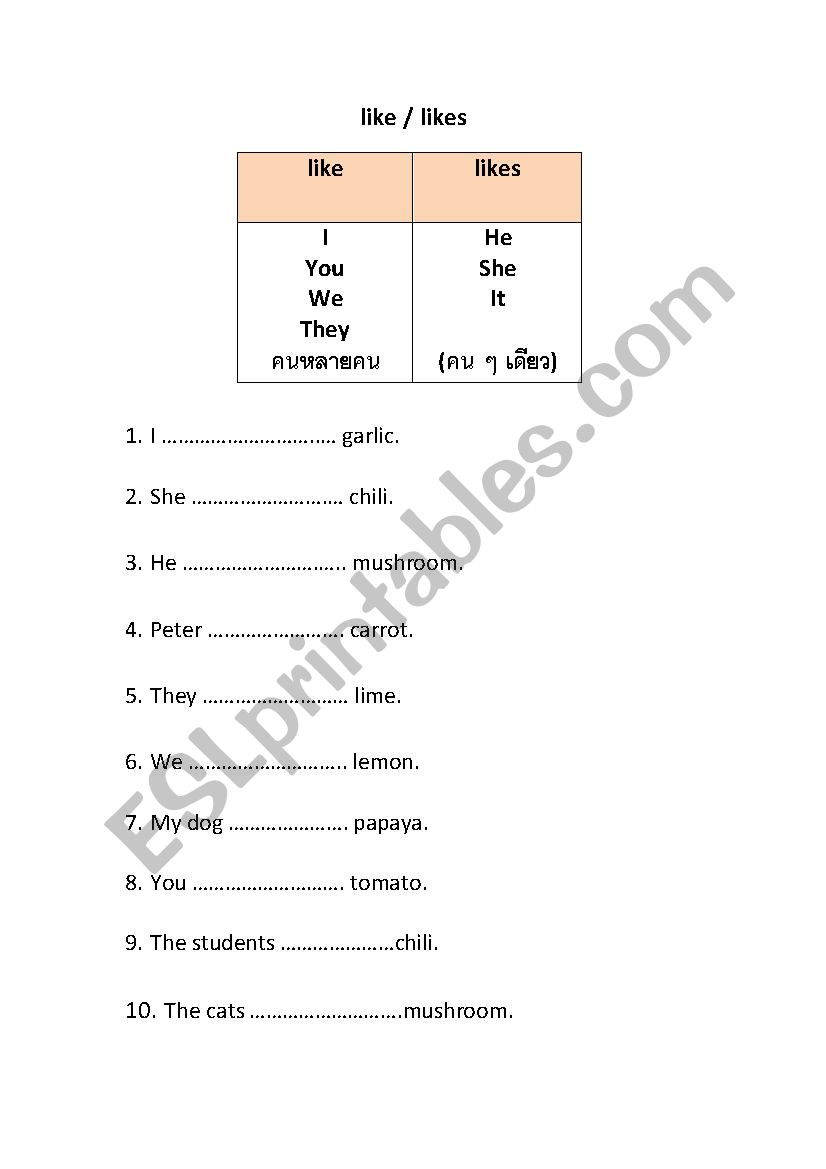 Like or Likes worksheet