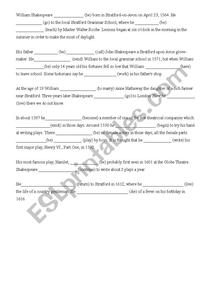 William Shakespeare worksheet