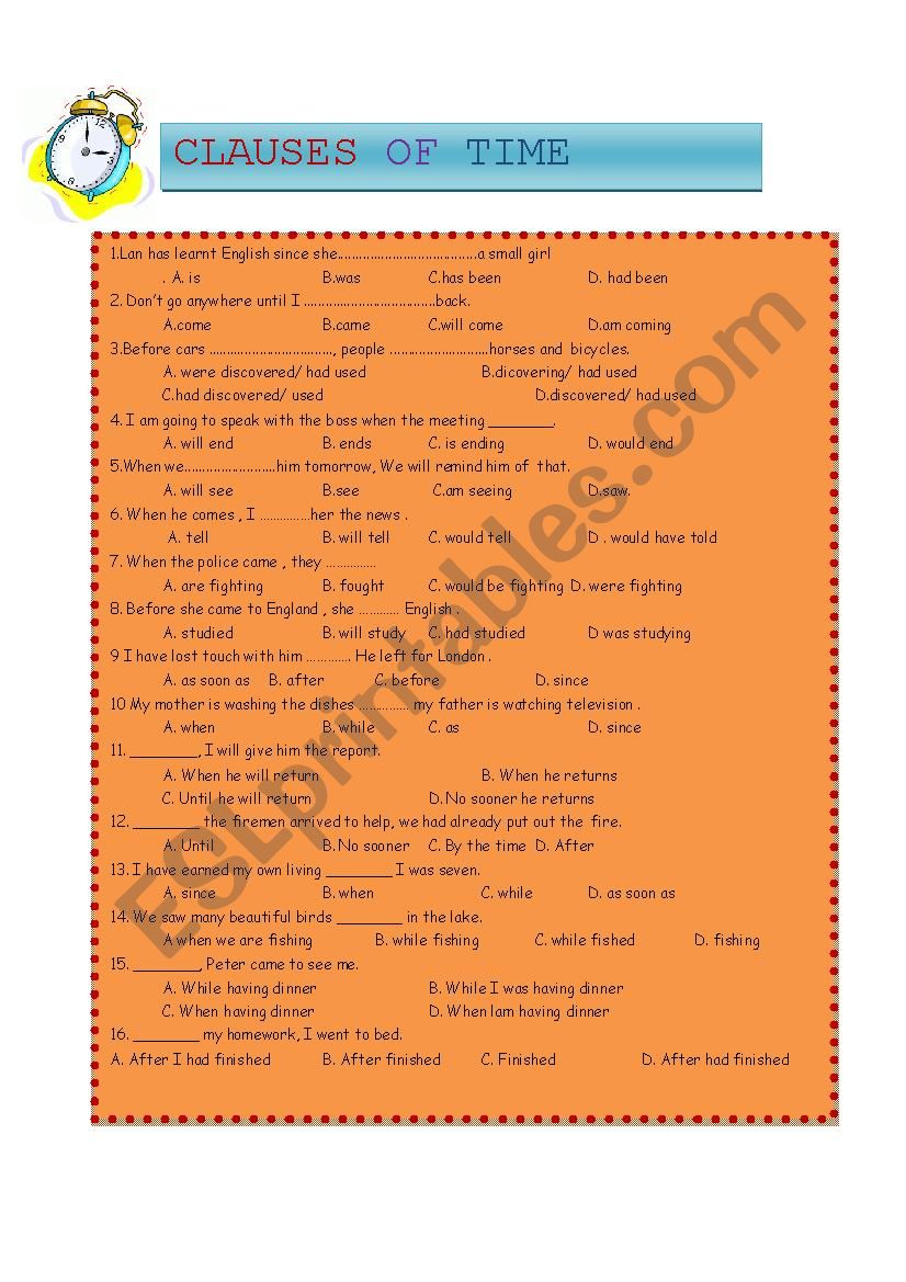 clause of time worksheet