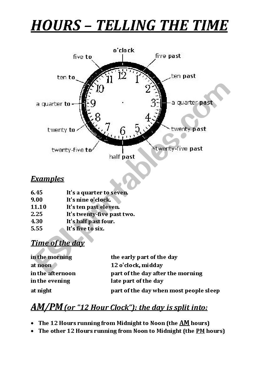HOURS â€“ TELLING THE TIME worksheet