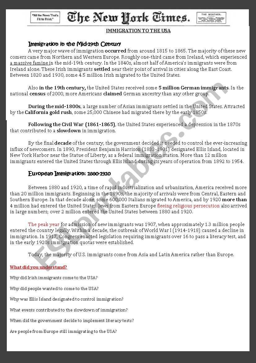Immigration to the USA 1850Â´s - 1954