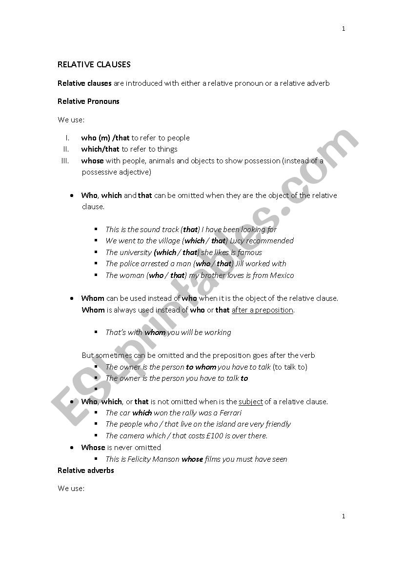 Relatives Clauses worksheet