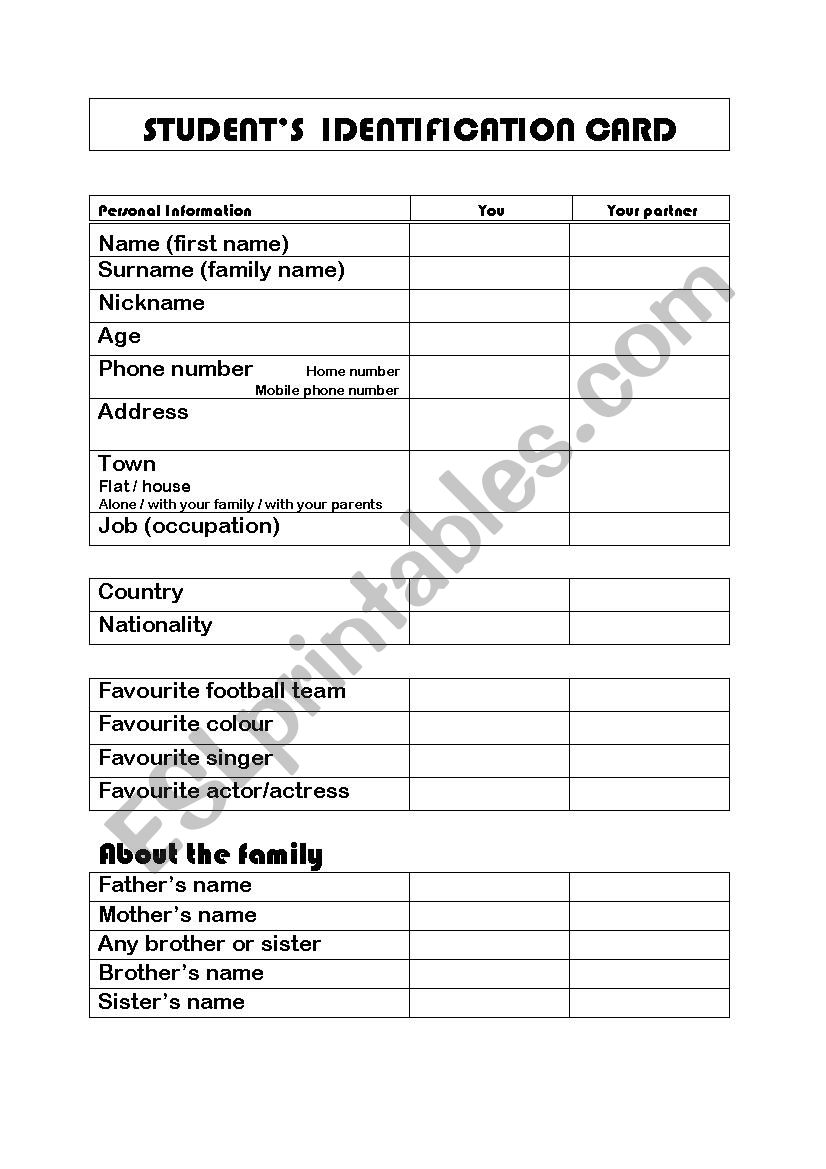 Id card, Introductions worksheet