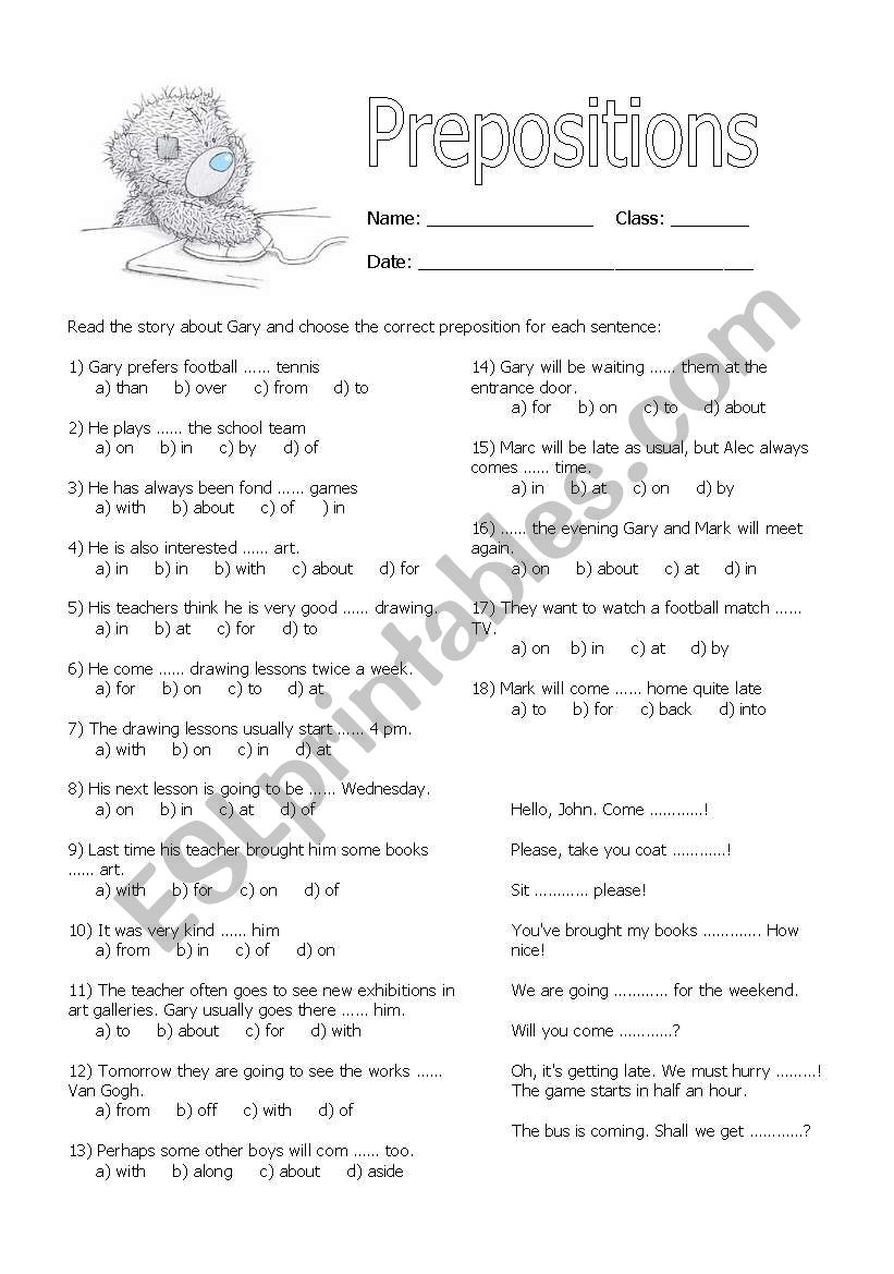 prepostions (multiple choice) worksheet