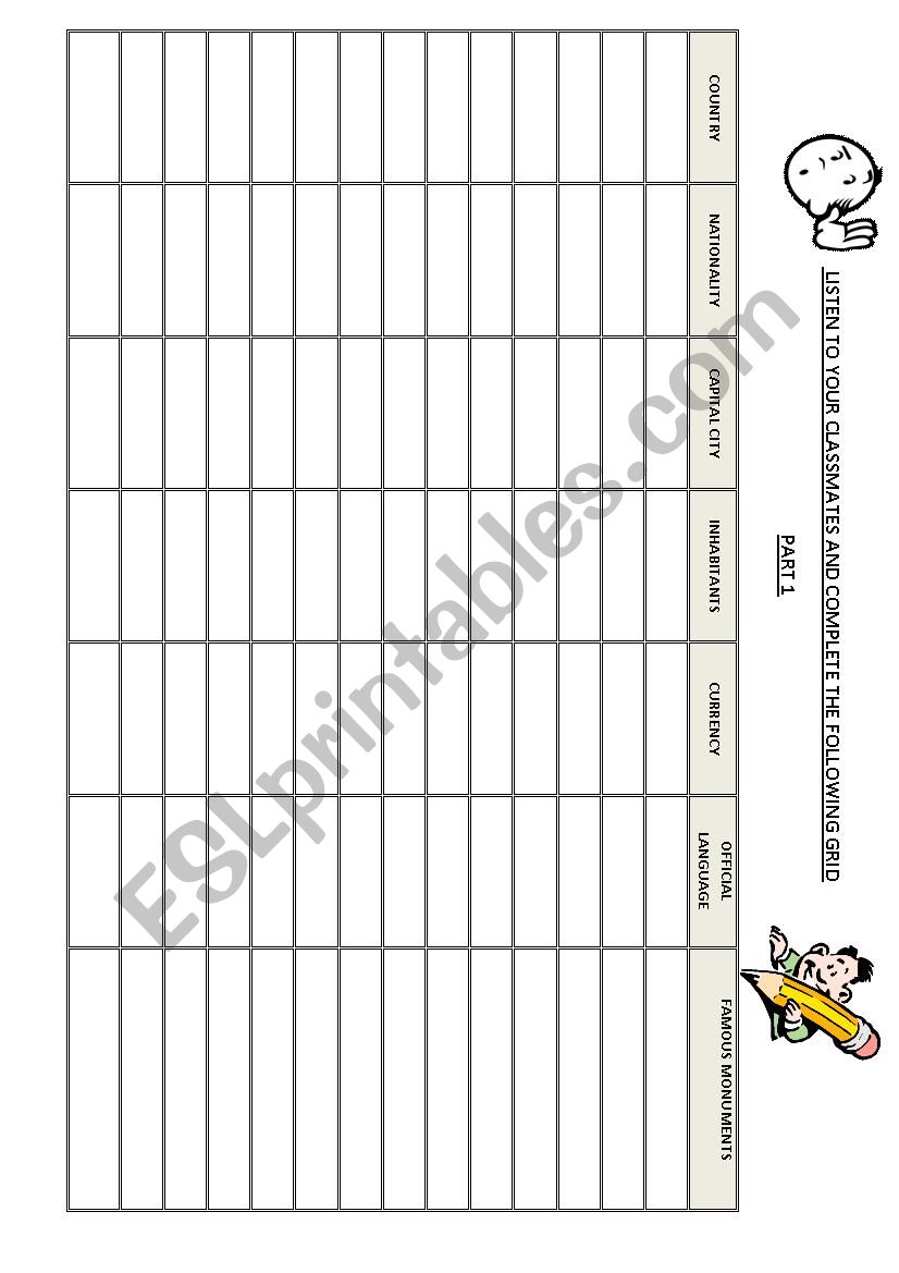 Grid about countries worksheet