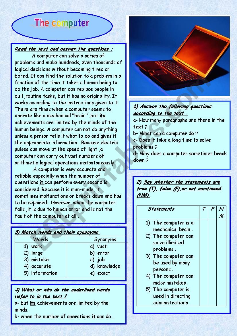 the computer  worksheet