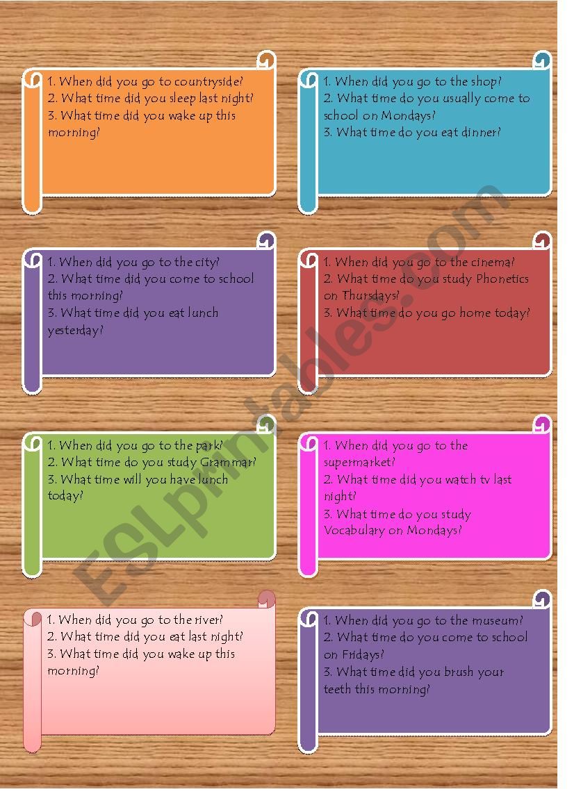 Telling Time Speaking cards worksheet