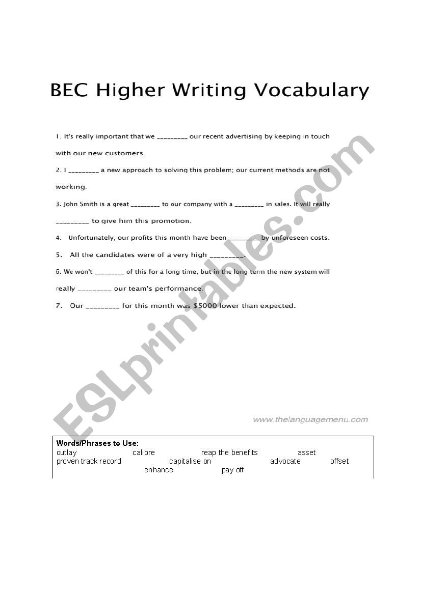 BEC Higher Writing Vocabulary worksheet