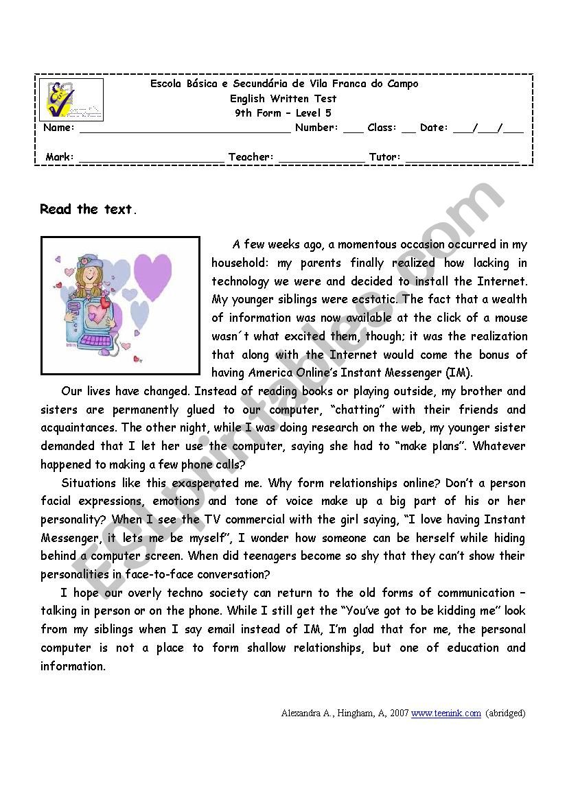 Teens and technology worksheet