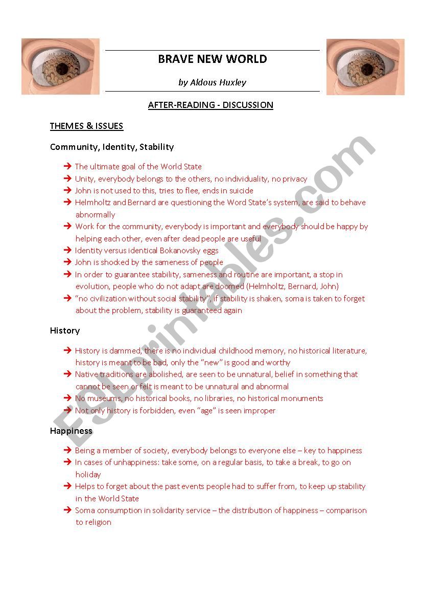 BRAVE NEW WORLD by Huxley - MAIN ISSUES after reading discussion