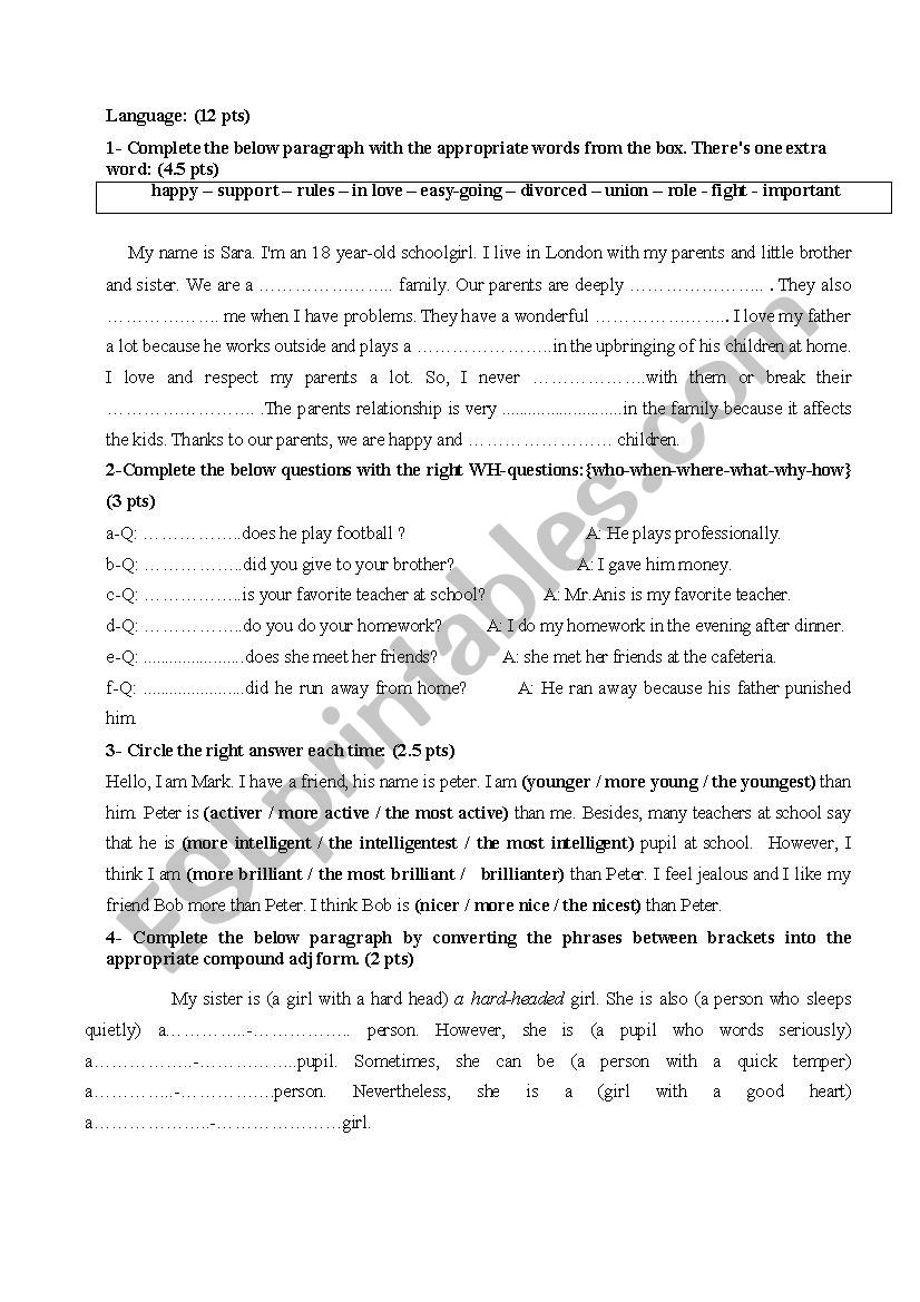 mid term test of english n1 worksheet