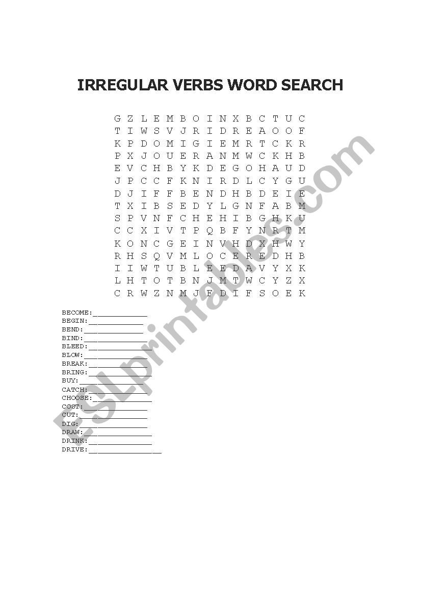 IRREGULAR VERBS WORD SEARCH worksheet